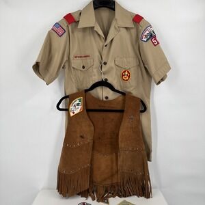 Boy Scouts Of America Bundle; Shirt, Leather Fringe Vest, Compass & Patches 80s